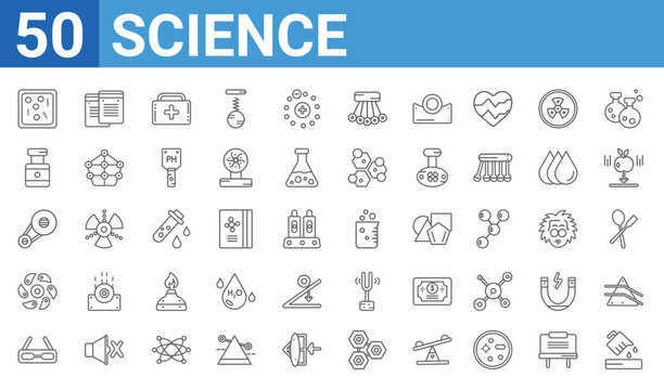 set of 50 science web icons. outline thin line icons such as pour,microorganisms,eye protector,vortex,pulley,vial,notes,beaker. vector illustration