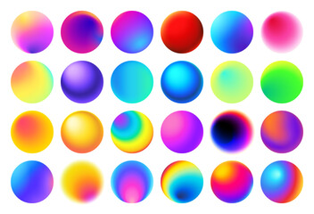 Multicolor gradient circles. Round button with vivid neon and holographic colors. Spheres with colorful gradients vector set