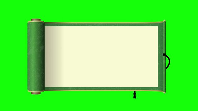 Japanese scroll paper opening animation ( 4K, MP4 ) / green.  For background transparent use.
