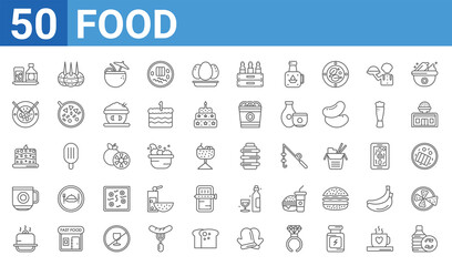 set of 50 food web icons. outline thin line icons such as recycling bottles,scotch,salver,warm black mug,congratulations,oyster omelette,french,tiffin. vector illustration