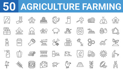 Fototapeta na wymiar set of 50 agriculture farming web icons. outline thin line icons such as pruners,sack,vane,sprayer,insecticide,bale,harvest,well. vector illustration