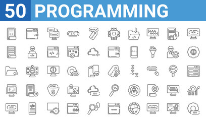 Fototapeta na wymiar set of 50 programming web icons. outline thin line icons such as image seo,page,http,code terminal,css file format,binary file,jsx,seo badge. vector illustration