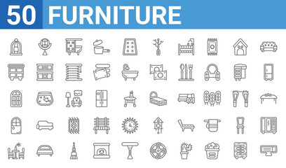 Fototapeta na wymiar set of 50 furniture web icons. outline thin line icons such as heating,bird cage,dinner table,door,window,nightstand,globe,sleigh bed. vector illustration