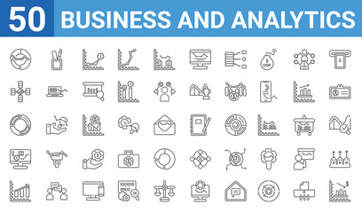 Fototapeta na wymiar set of 50 business and analytics web icons. outline thin line icons such as wave chart,merge charts,graph,stock market,graph pie,database interconnected,supplies,workbook. vector illustration