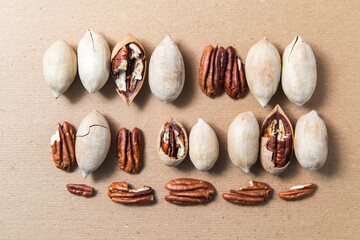 Peeled pecans, in the shell and without. Carya illinoinensis nuts neatly laid out on a cardboard background.