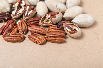 Carya illinoinensis nuts. Peeled and whole pecans close-up.