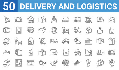 Fototapeta na wymiar set of 50 delivery and logistics web icons. outline thin line icons such as global distribution,logistics,delive box verification,shipping,delivery cancelled,package,scanner,delivery by bike. vector