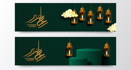 green pattern mosque geometrical pattern with 3d golden lantern and cylinder podium stage for ramadan islamic event