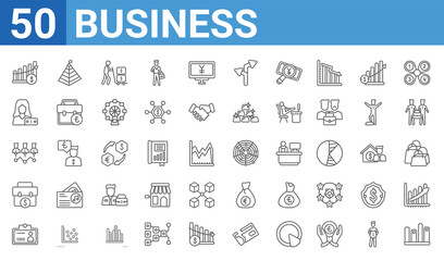 Fototapeta na wymiar set of 50 business web icons. outline thin line icons such as bars graphic,profit chart,color business card,dollars suitcase for business,increase team work,woman with money,stats pyramid,spider
