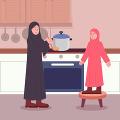 Happy Arabian Mother and Daughter in Kitchen