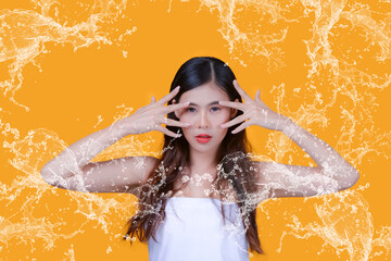 Obraz premium Beauty and healthcare. Portrait of young and beautiful asian woman on yellow background