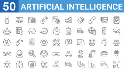 Fototapeta na wymiar set of 50 artificial intelligence web icons. outline thin line icons such as turing test,transaction,layers,bionic,network,bot,landing page,chat. vector illustration