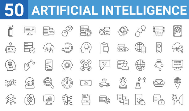 set of 50 artificial intelligence web icons. outline thin line icons such as turing test,transaction,layers,bionic,network,bot,landing page,chat. vector illustration
