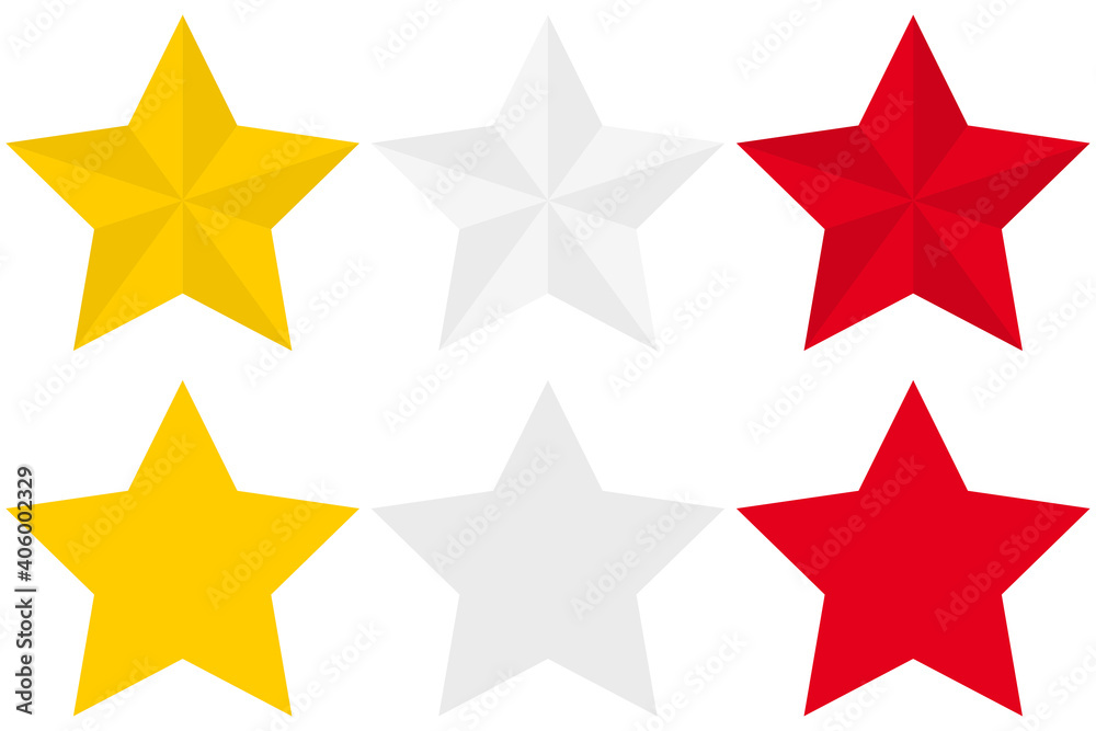 Poster set of three variants of gold, silver and red flat star icons isolated on a white background. vector