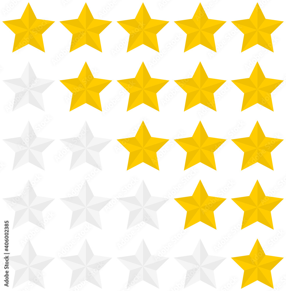 Poster set of five options of rating star icons isolated on a white background. vector illustration.