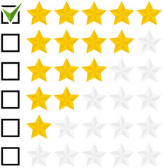 Set of flat rating star icons with a check mark in the checkbox isolated on a white background. Vector illustration.