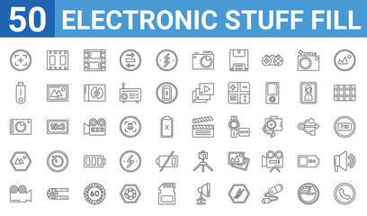set of 50 electronic stuff fill web icons. outline thin line icons such as phone receiver,camera screen,film camera,landscape,compact camera,pen drive,film strip,clapperboard. vector illustration