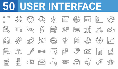 set of 50 user interface web icons. outline thin line icons such as black star,data connection,save,documents with a star,labels,pen writing a line,flow chart interface,dollar. vector illustration - obrazy, fototapety, plakaty