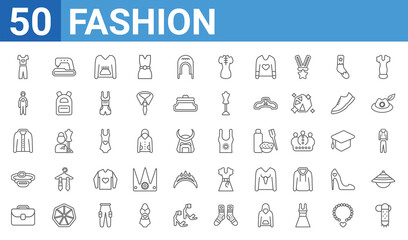 set of 50 fashion web icons. outline thin line icons such as wool scarf,pajamas,closed briefcase,belt pouch,jacket with buttons,hazmat,electrical appliances,women sleeveless shirt. vector