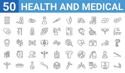 Fototapeta na wymiar set of 50 health and medical web icons. outline thin line icons such as smoking,medical strip,healthcare,medical walker,blood pressure gauge,pulse,ampoule,neurology. vector illustration