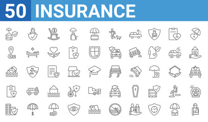 set of 50 insurance web icons. outline thin line icons such as broken arm,house insurance for storms,building insurance,contract coverage,sinking,replacement value,insurance agent,slippery road.