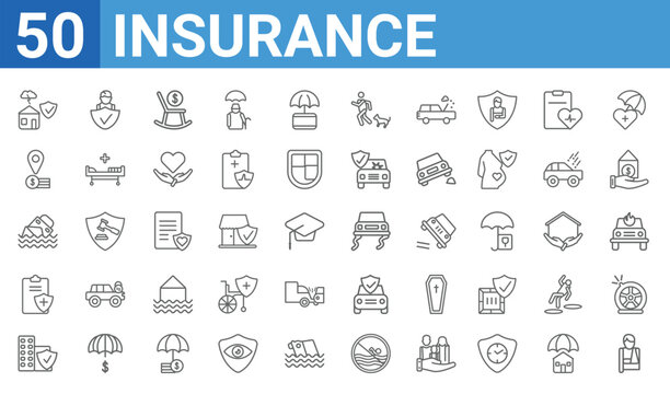 set of 50 insurance web icons. outline thin line icons such as broken arm,house insurance for storms,building insurance,contract coverage,sinking,replacement value,insurance agent,slippery road.