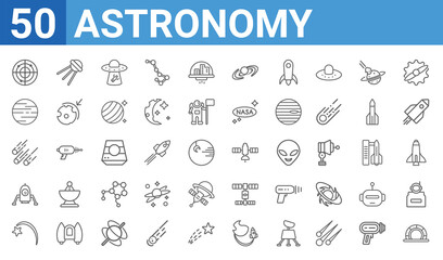 set of 50 astronomy web icons. outline thin line icons such as stargate,radar system,falling star,space lander,meteorites,neptune with satellite,sputnik,inclined satellite. vector illustration © Digital Bazaar