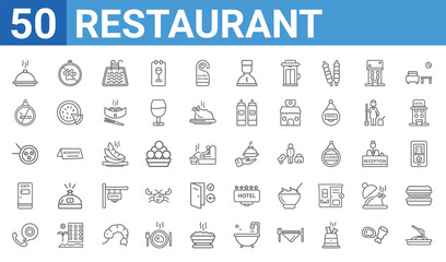 Fototapeta na wymiar set of 50 restaurant web icons. outline thin line icons such as spaghetti,dish,reservation,exit,sushi,no smoking,no pets,restaurant tray. vector illustration