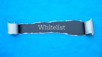 Whitelist. Blue torn paper banner with text label. Word in gray hole.