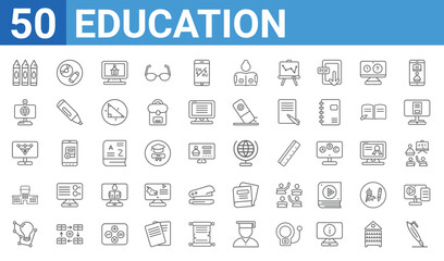 set of 50 education web icons. outline thin line icons such as fountain pen,crayon,learning,school,sociology,web camera,study tools,geography. vector illustration