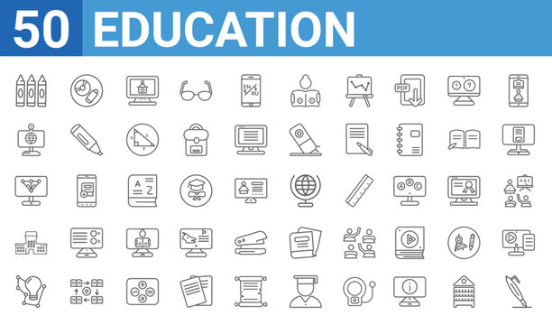 set of 50 education web icons. outline thin line icons such as fountain pen,crayon,learning,school,sociology,web camera,study tools,geography. vector illustration