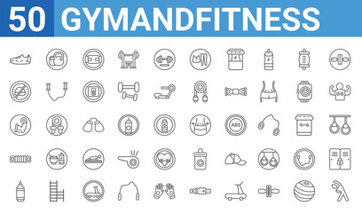 Fototapeta na wymiar set of 50 gymandfitness web icons. outline thin line icons such as exercise,sneakers,boxing bag,sport expander,biceps,no fast food,workout,waist. vector illustration
