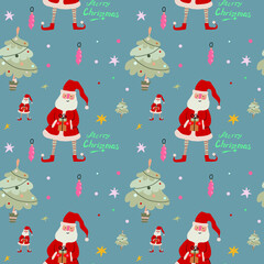 Vector illustration. Seamless pattern with Christmas tree and Santa Claus. 