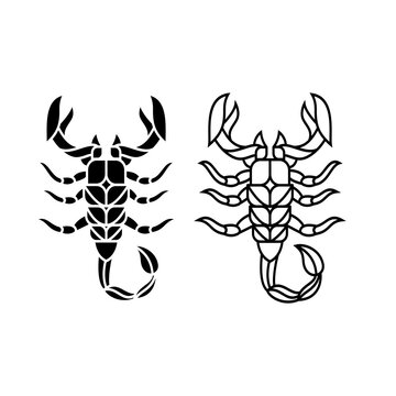 scorpion logo line, abstract, zodiac sign scorpio, tribal tattoo design graphic illustration symbol in trendy outline linear vector clip art