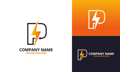 Flash initial letter P Logo Icon Template. Illustration vector graphic. Design concept Electrical Bolt and electric plugs With letter symbol. Perfect for corporate, more technology brand identity