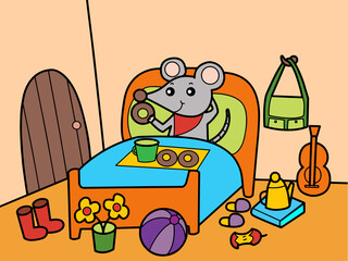 Mouse sit on the bed and eat donuts