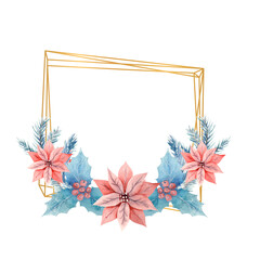 Winter watercolor in a golden square frame with holly, berries and poinsettia flowers. Hand-drawn illustration. For invitations, greeting cards, prints, posters, advertising.