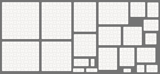 Blank vector puzzle templates with different numbers of elements. Puzzle pieces assembled into rectangles and squares. Layout for game design or business concepts.