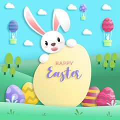 Happy easter day in paper art style with rabbit and easter eggs. greeting card, posters and wallpaper. Vector illustration.