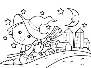 Little female witch flies on a broom through the city at night without color for color book