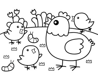 Family of chicken in the garden without color for color book