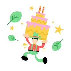 happy farmer man agriculture and birthday cake cartoon doodle flat design style vector illustration