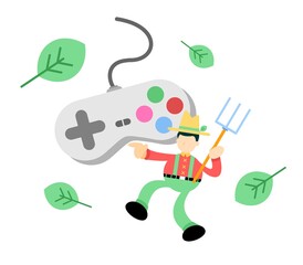 happy farmer man agriculture and game controller console cartoon doodle flat design style vector illustration