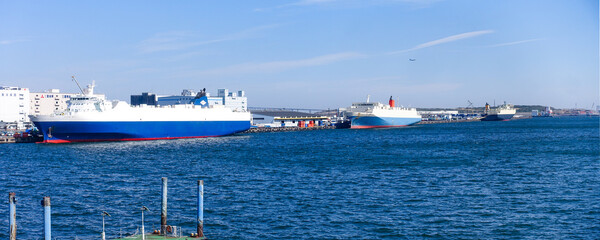 Fototapeta premium 有明埠頭の貨物船（ゆりかもめ線 青海駅前 水の広場公園から）