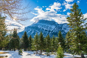Obraz na płótnie Canvas Banff National Park beautiful landscape. Snow-covered Mount Rundle with snowy forest in winter sunny day. Canadian Rockies, Alberta, Canada.