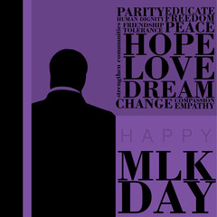 An abstract back view of a man with typographic inspirational words on Dream and Civil Rights movement on a purple background