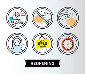 bundle of six reopening labels set half line style icons and lettering vector illustration design