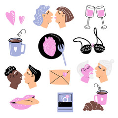 Valentine's Day. Bright vector flat  set of elements for decor for Valentine's Day in cartoon style. 
Couples of different genders, ages, races and orientations, romantic dinner, wine, underwear.