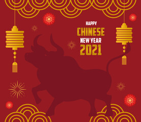Fototapeta na wymiar chinese new year 2021 card with silhouette ox and decoration vector illustration design