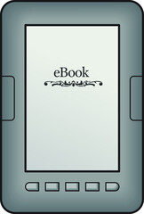 A small gray ebook reader. Shown front on.